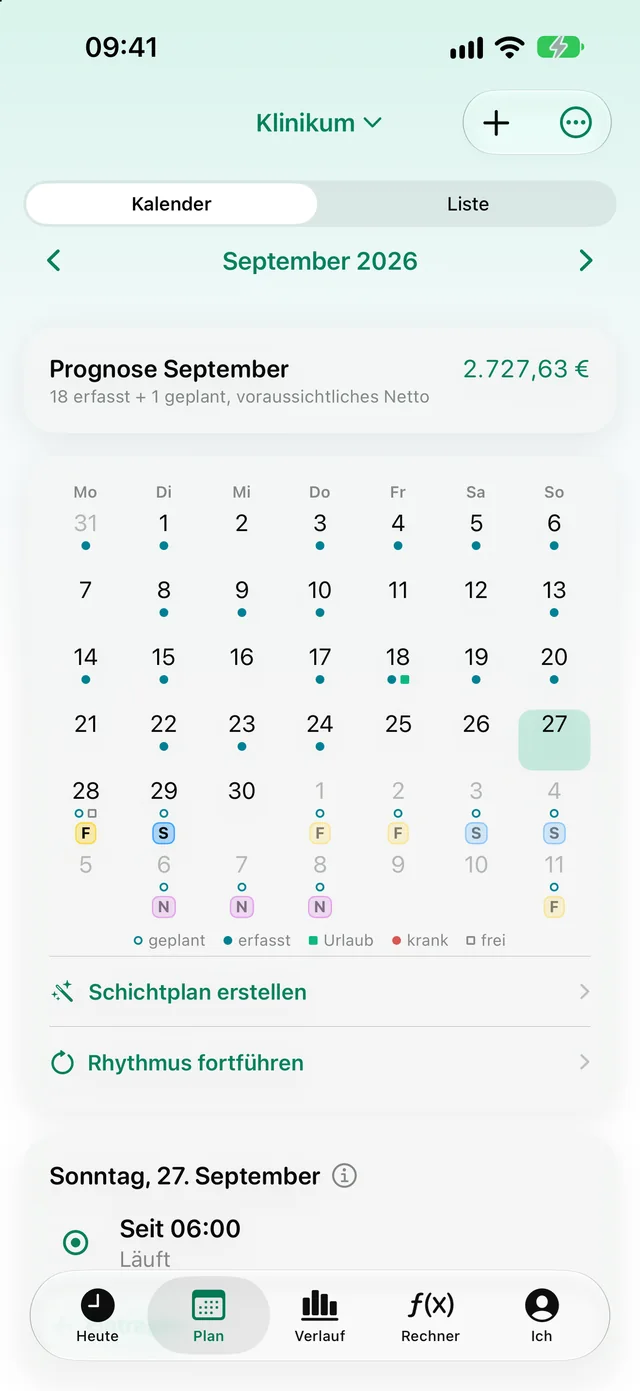 Dienstplan-Kalender mit Prognose des Monatsnettos