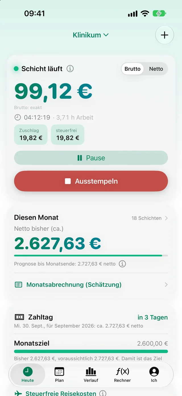 LohnTicker-Startbildschirm mit laufender Schicht: 68,83 Euro brutto, darunter die Monatsauswertung (Musterdaten)